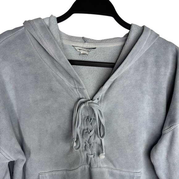 American Eagle Women's‎ Size Small Blue Marbled Hoodie With Lace-Up Detail - Picture 4 of 11